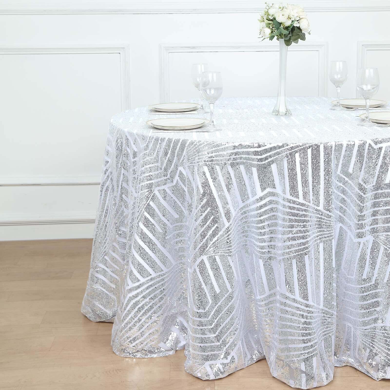 Sequin 120 Round Tablecloth Silver - Seamless Diamond Glitz Table Cover