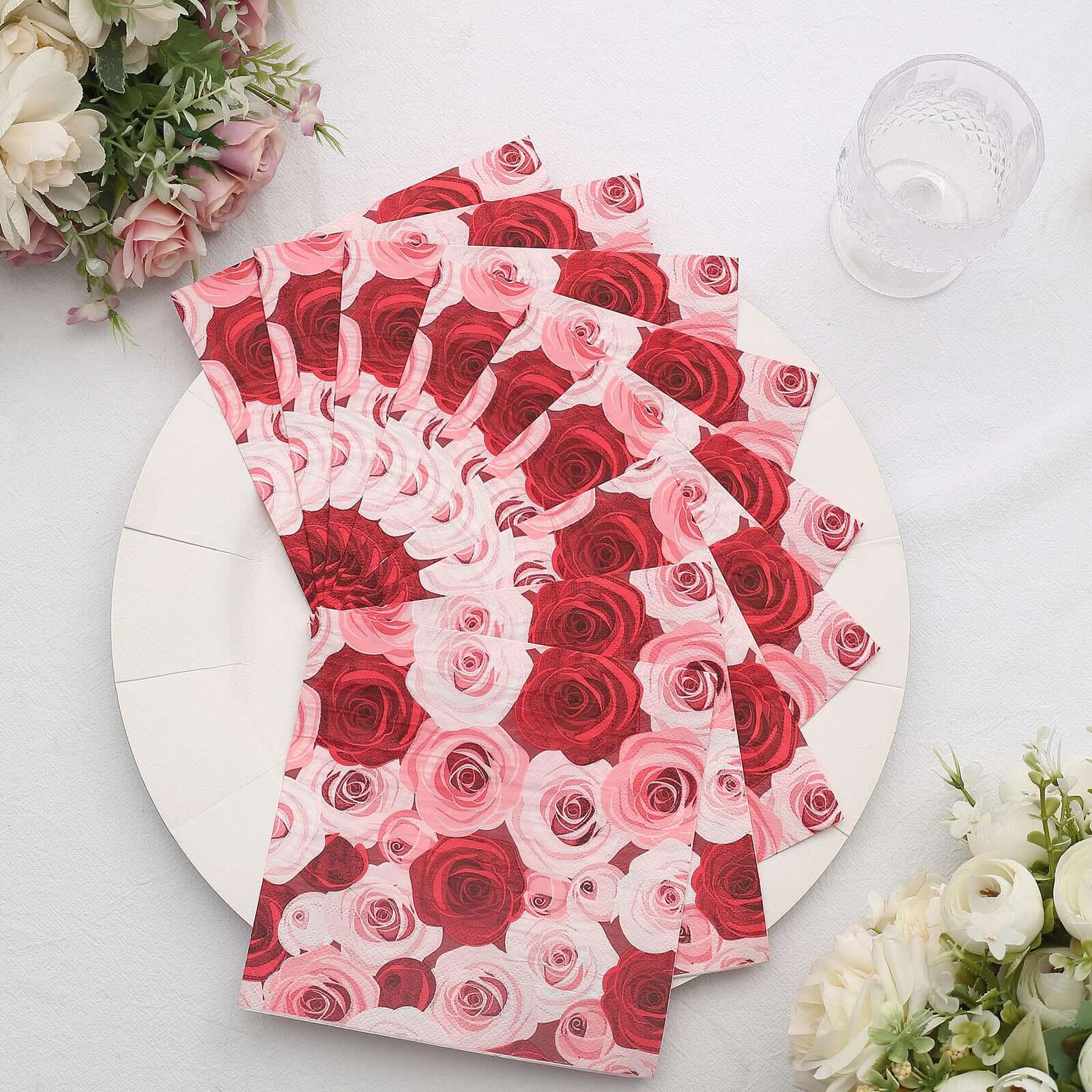 50-Pack Paper Beverage Napkins with Floral Design Red/Pink - 2 Ply Soft 18GSM Rose Garden Wedding Napkins 6.5x6.5