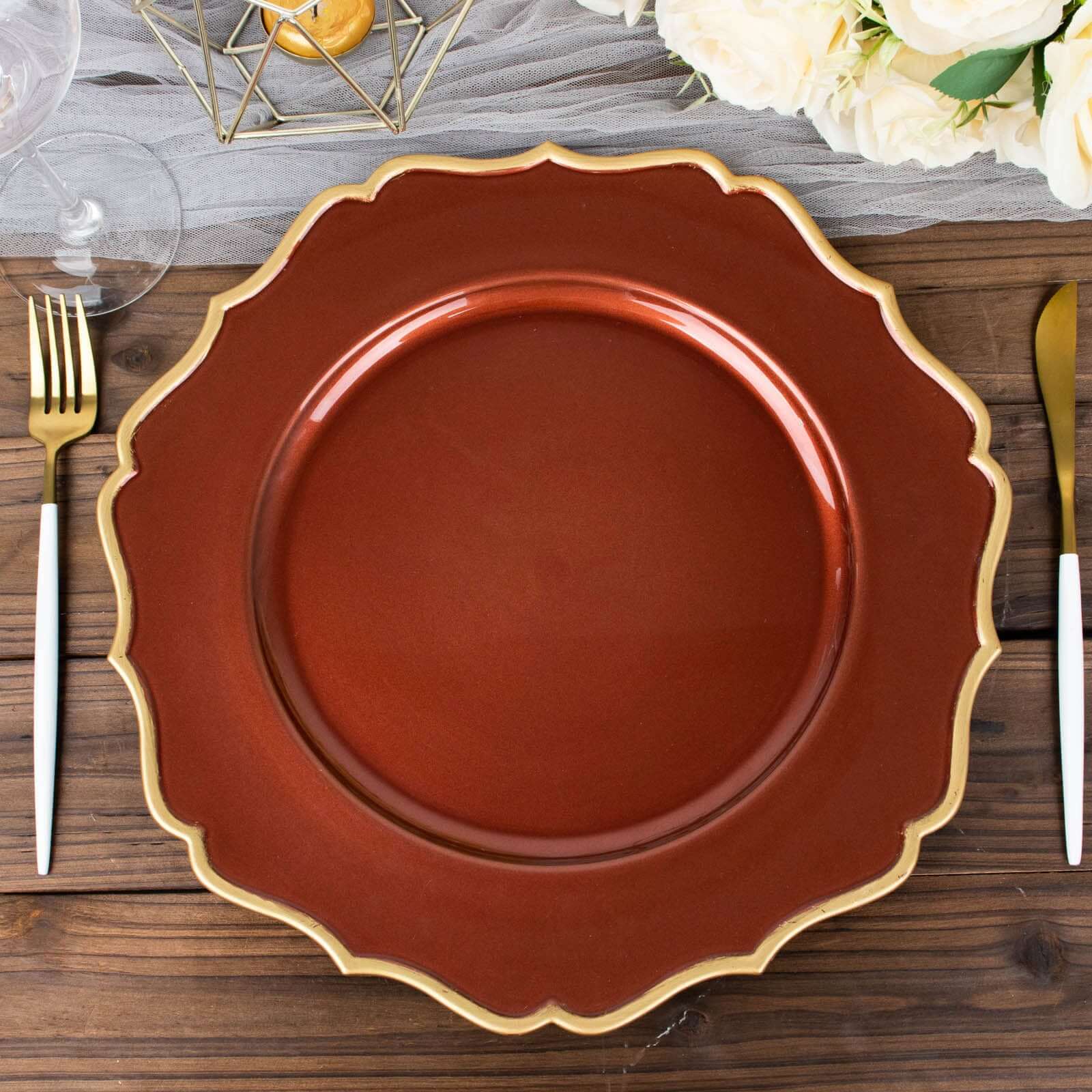 6-Pack Acrylic Round Charger Plates 13 in Terracotta (Rust) with Gold Scalloped Rim, Decorative Dinner Party Plastic Charger Tableware