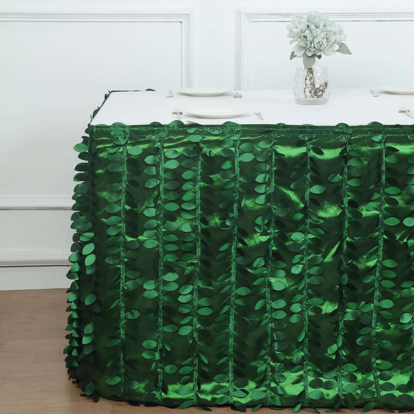 Taffeta Fabric 17ft Table Skirt Green 3D Leaf Petal Design - Exquisite & Stylish Event Table Cover