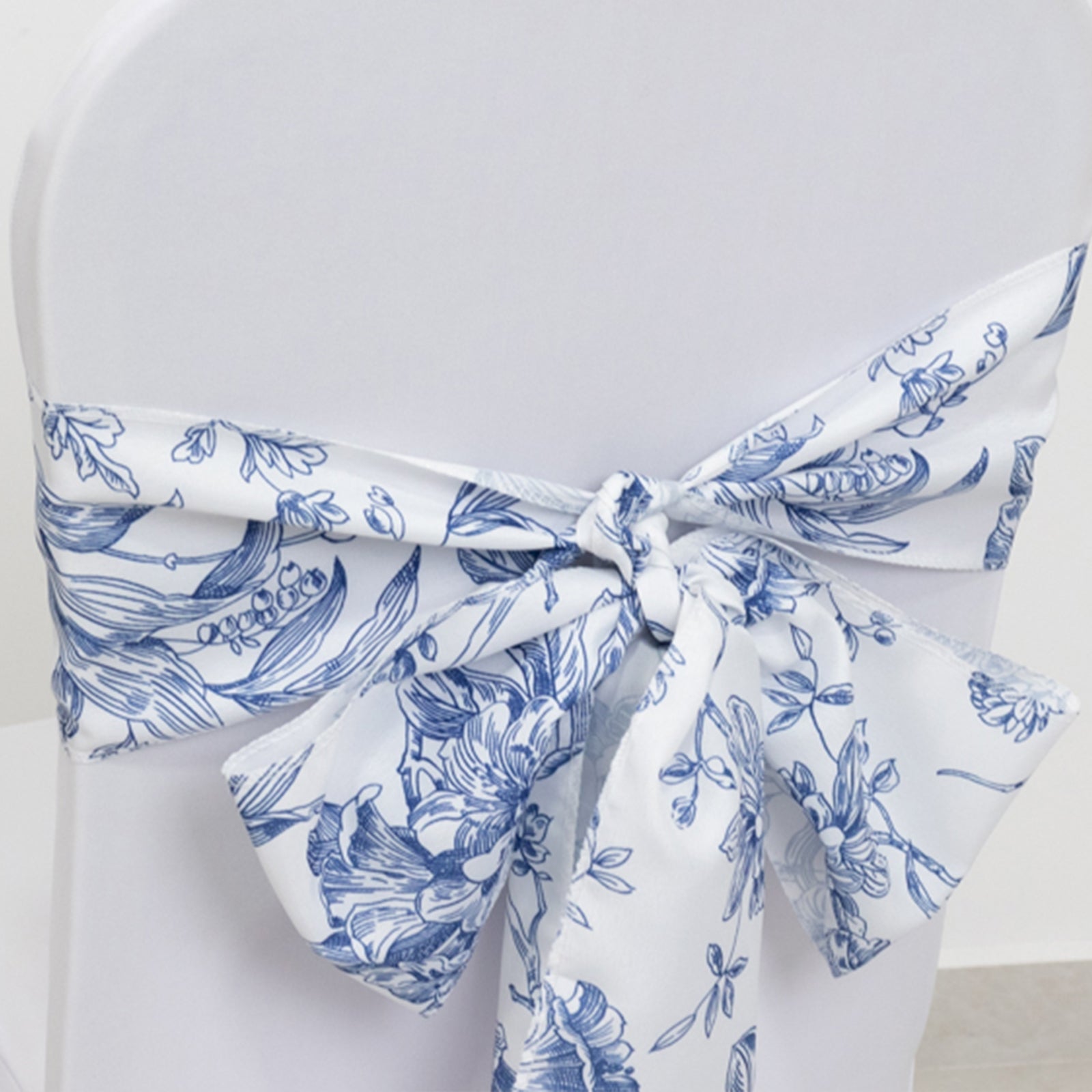 Polyester Chair Sashes White/Blue French Toile Floral Design - Wrinkle-Resistant & Durable Chair Bows for Exquisite Weddings & Banquets 6x108