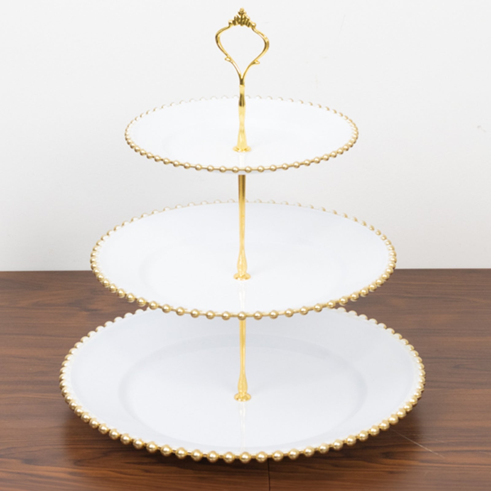 14 White 3-Tier Plastic Dessert Display Stand With Gold Beaded Rim, Round Cupcake Tower Tea Party Serving Platter With Top Handle