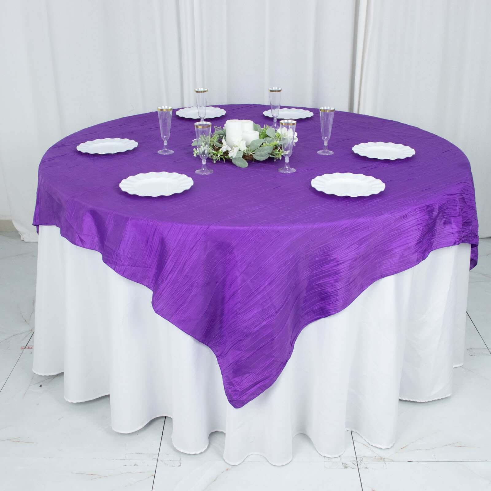 Taffeta 72x72 Table Overlay Square Tablecloth Purple - Accordion Crinkle Table Cover