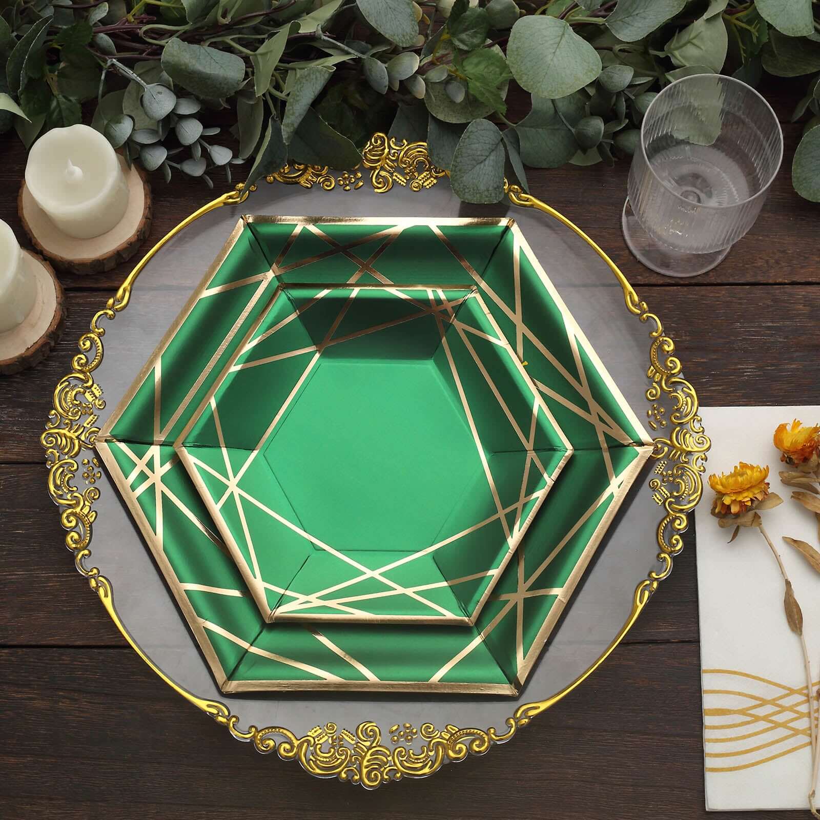 25-Pack Paper 7 Hexagon Dessert Plates in Hunter Emerald Green with Gold Geometric Lines & Rim - Stylish Disposable Geometric 300GSM Appetizer Salad Plates