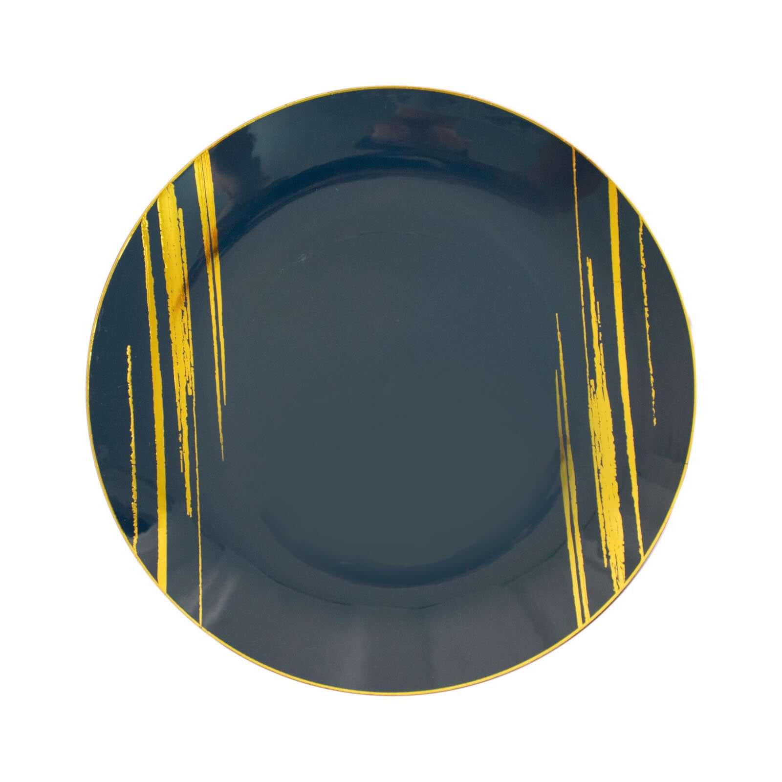 10-Pack Plastic 10 Round Dinner Plates in Navy Blue with Gold Brush Stroked Print - Disposable Party Dinnerware