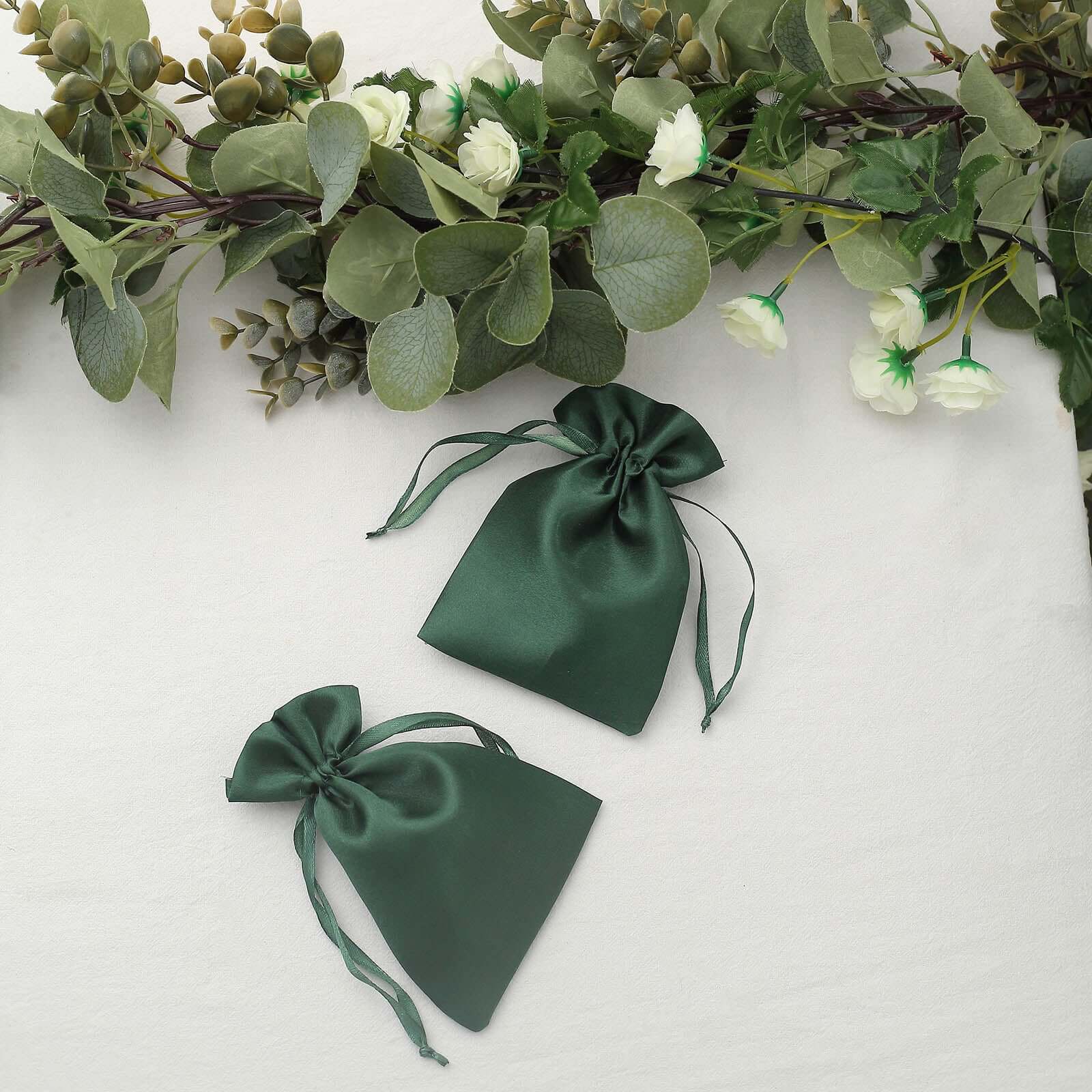 12 Pack 4x6 Hunter Emerald Green Satin Wedding Party Favor Bags, Drawstring Pouch Gift Bags