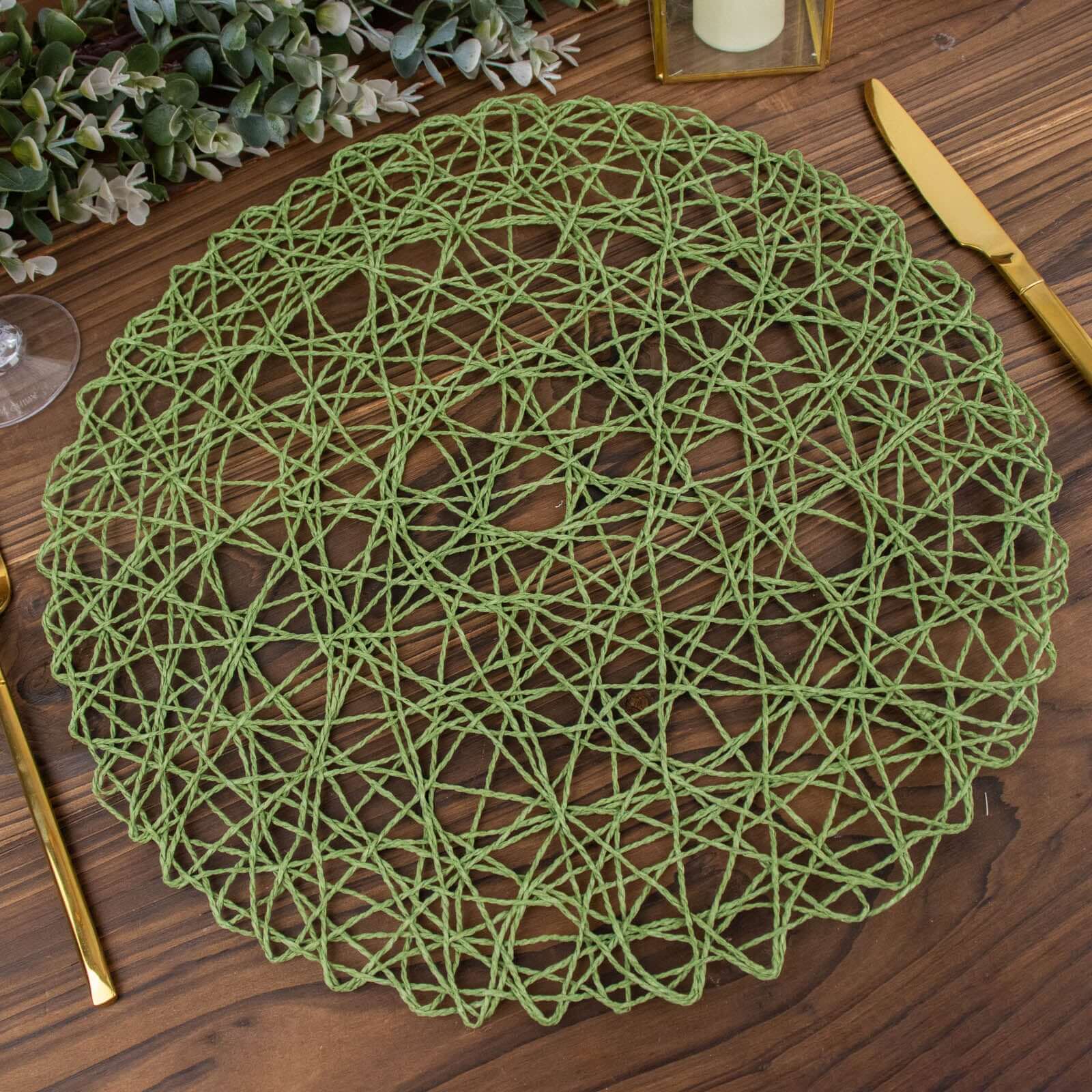 6-Pack Table Placemats Woven Fiber Design Olive Green Round - Disposable Mats for Dining and Events 15