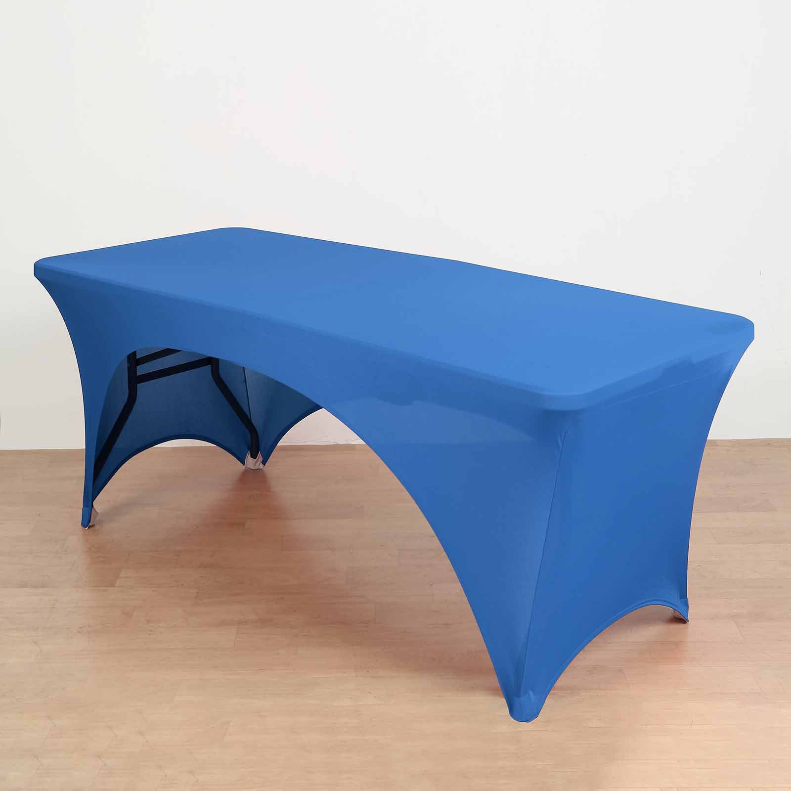 Stretch Spandex 72x30 Rectangular Table Cover Royal Blue with Curved Open Back Design Tailored Professional Look