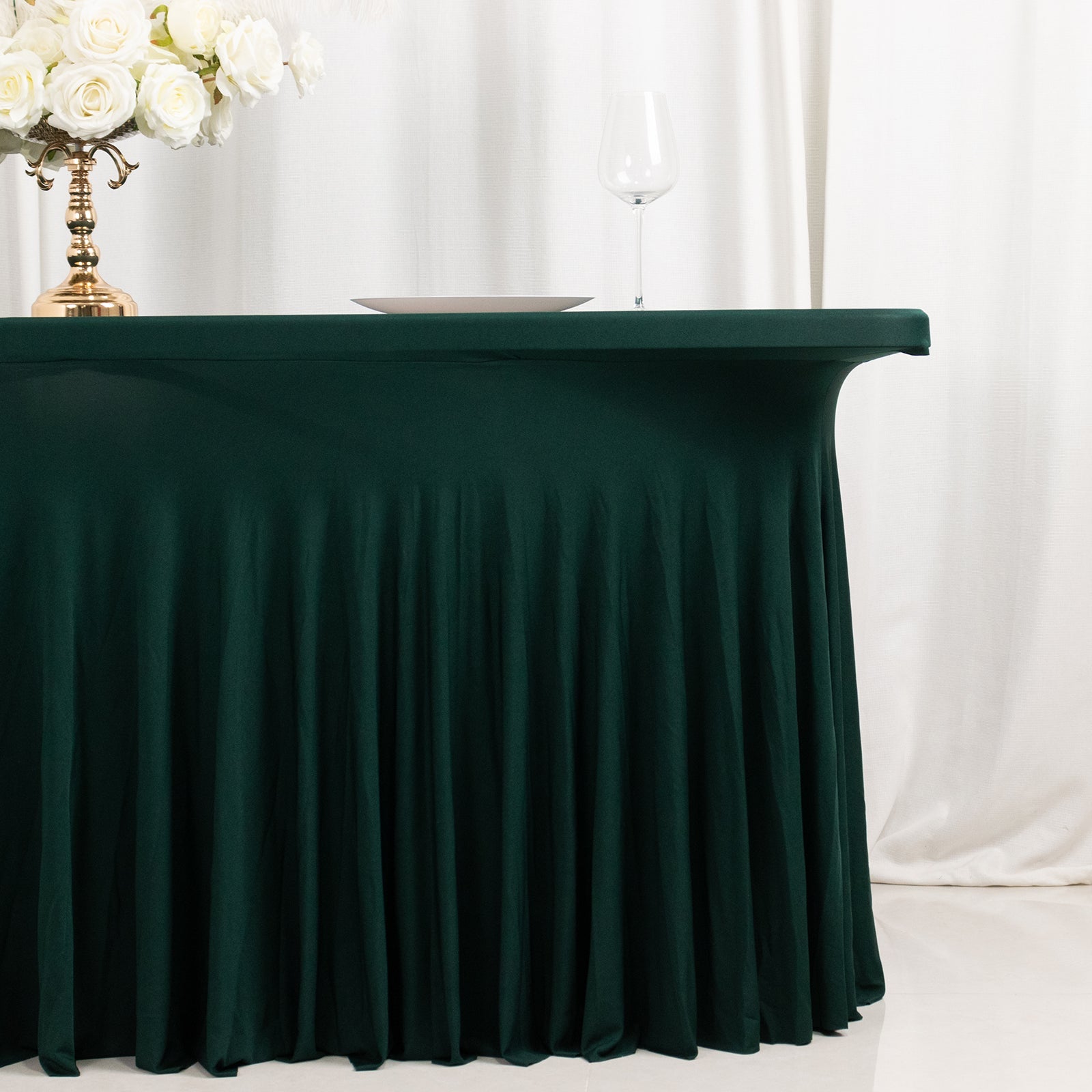 Spandex Rectangle 72x30 Table Skirt Hunter Emerald Green with Wavy Skirt-Like Effect Table Cover