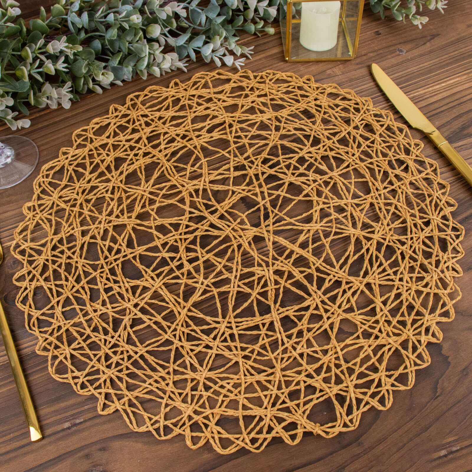 6-Pack Table Placemats Woven Fiber Design Natural Round - Disposable Mats for Dining and Events 15