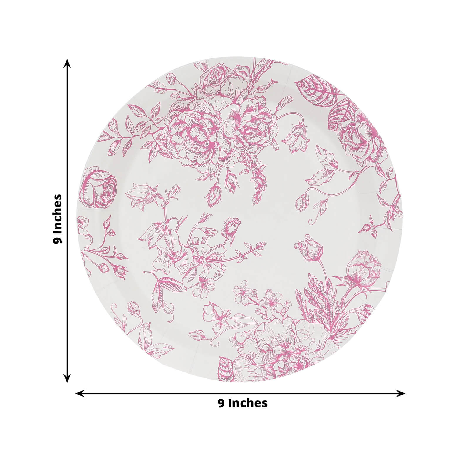 25-Pack Paper 9 Round Dinner Plates in White with Matte Pink French Toile Pattern - Disposable Floral Party Plates