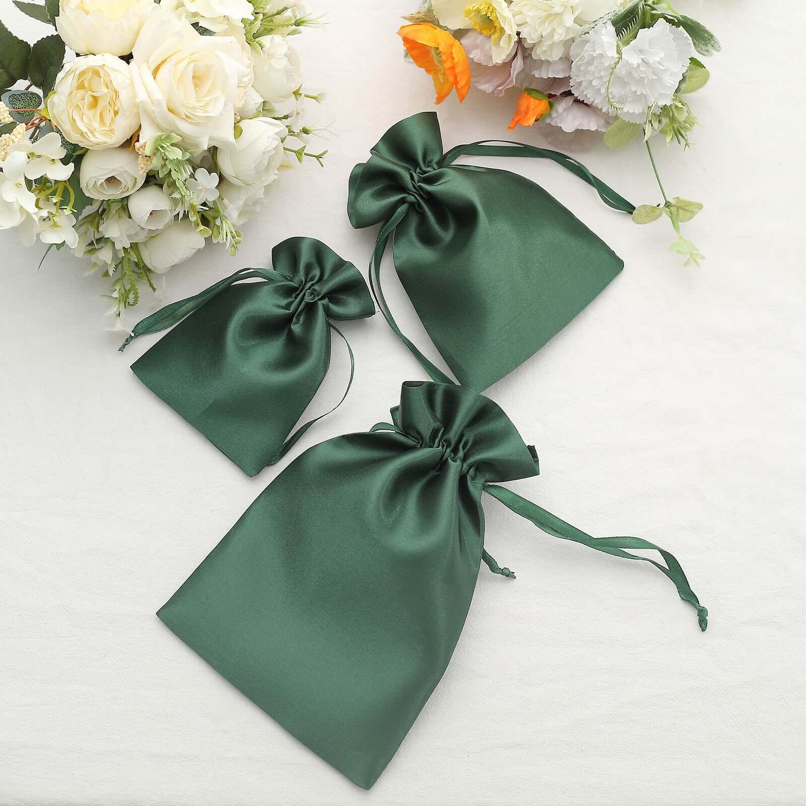 12 Pack 5x7 Hunter Emerald Green Satin Wedding Party Favor Bags, Drawstring Pouch Gift Bags