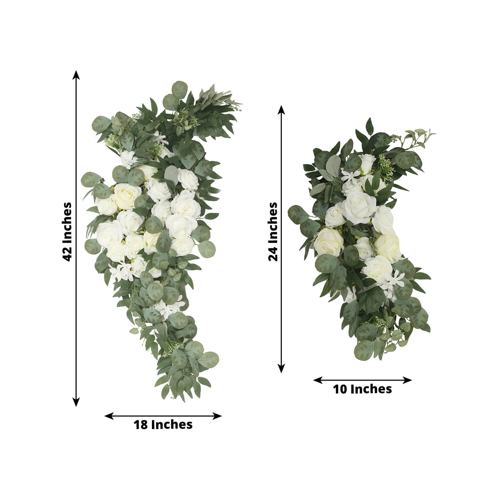 Set of 2 Silk Rose Floral Swag Wedding Arch Flowers in White with Eucalyptus Leaves, Large Artificial Flower Arrangement Garlands - 24,42