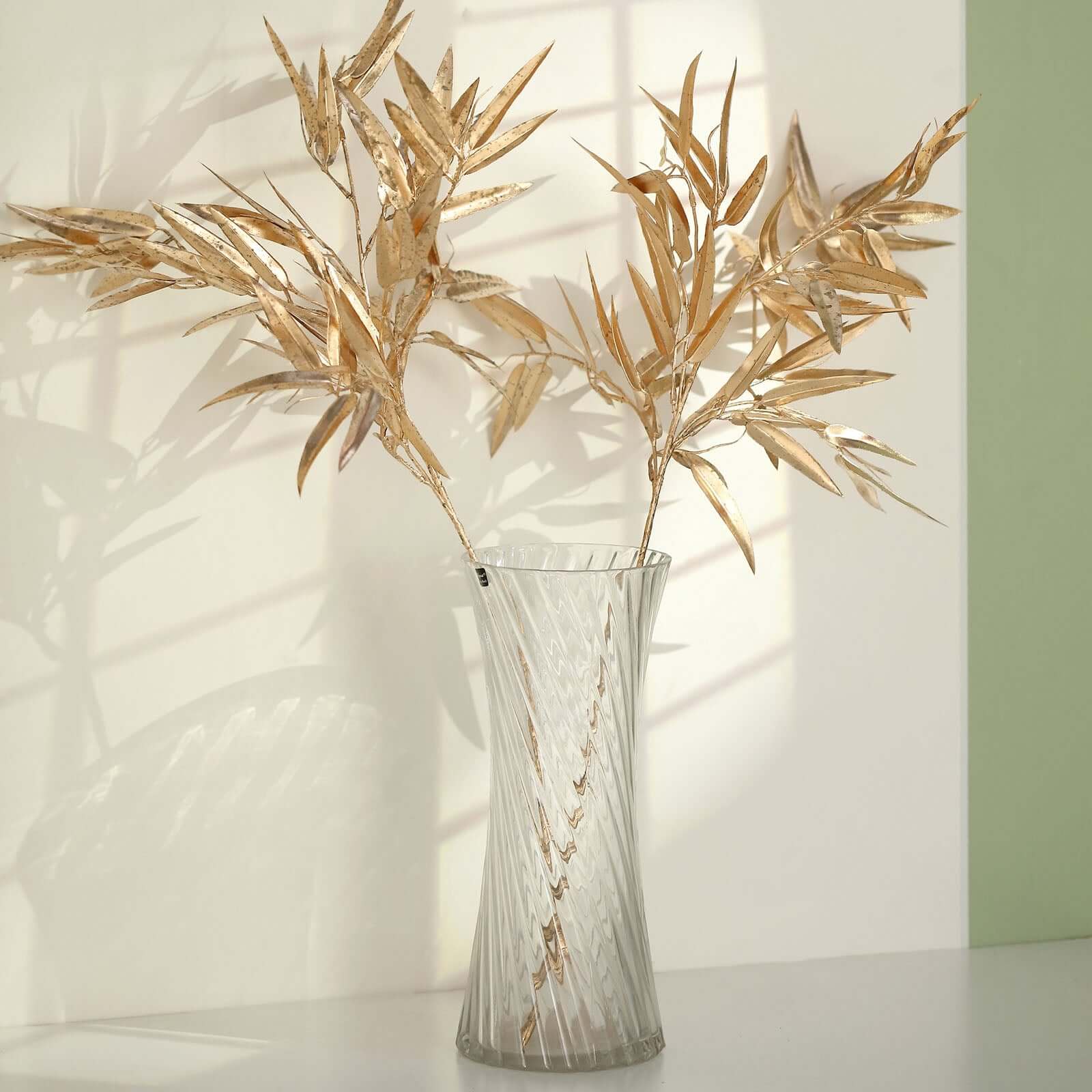 2-Pack Artificial Metallic Bamboo Leaf Branches Gold - Shiny Faux Plant Stems Vase Filler Floral Arrangement Centerpiece Decor 33