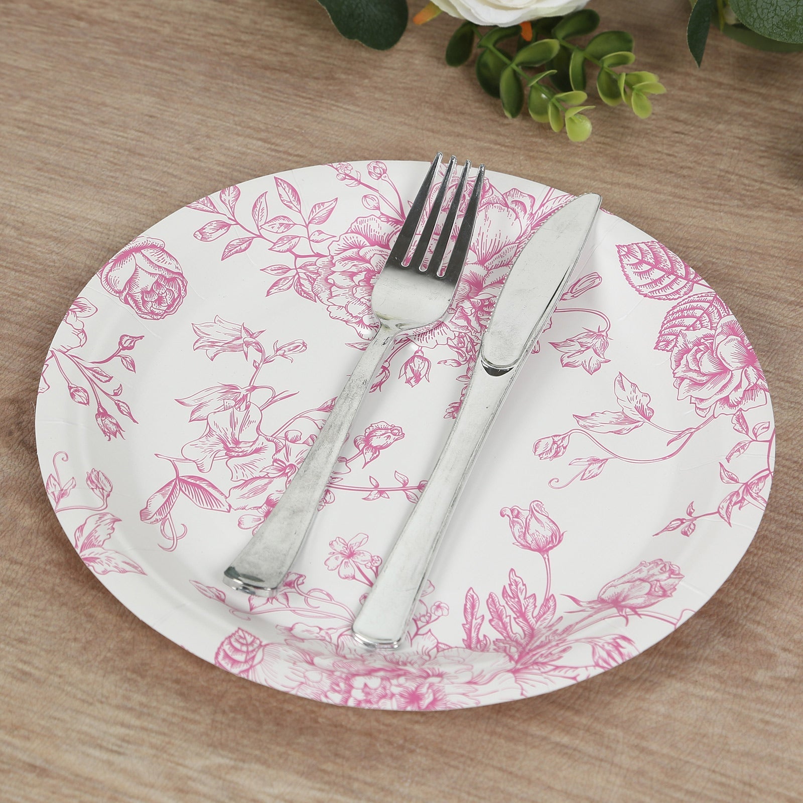 25-Pack Paper 9 Round Dinner Plates in White with Matte Pink French Toile Pattern - Disposable Floral Party Plates