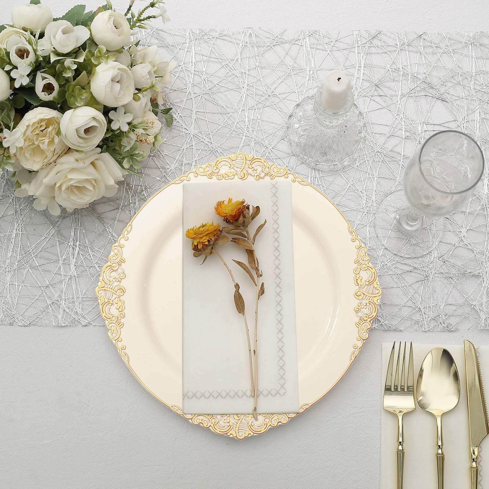 10-Pack Plastic 10 Round Dinner Plates in Ivory with Gold Leaf Embossed Rim - Disposable Vintage Baroque Style Plates