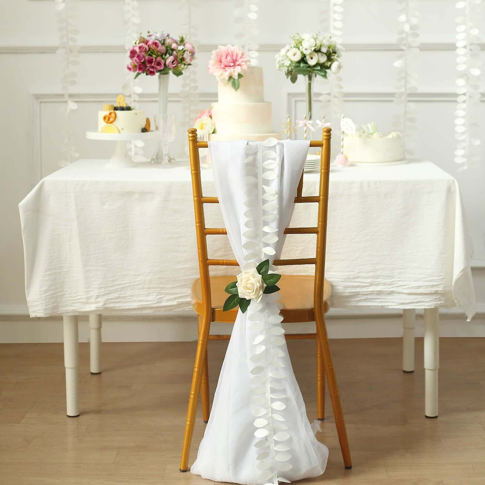 Taffeta Ribbon Sash with 4 Leaf Petal Design Ivory 50ft - Sophisticated Artificial Fabric Garland