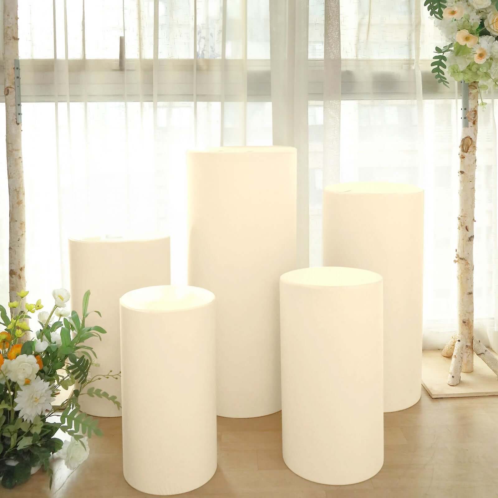 Set of 5 Beige Spandex Cylinder Pedestal Stand Covers, Stretchable Pillar Prop Covers - 160 GSM