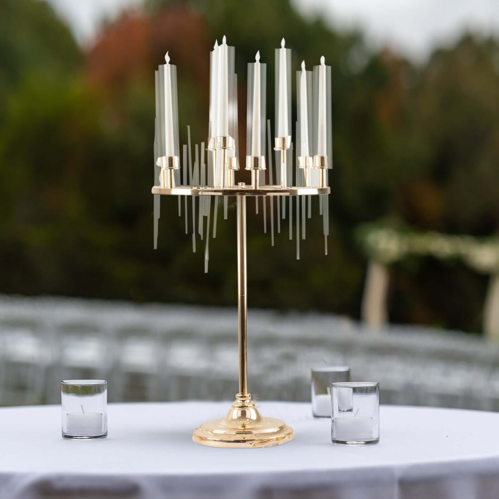 Metal 9-Arm Round Cluster Taper Candelabra Table Centerpiece Gold - Candlestick Holder Table Centerpiece With Drip Accents and Clear Glass Shades 40