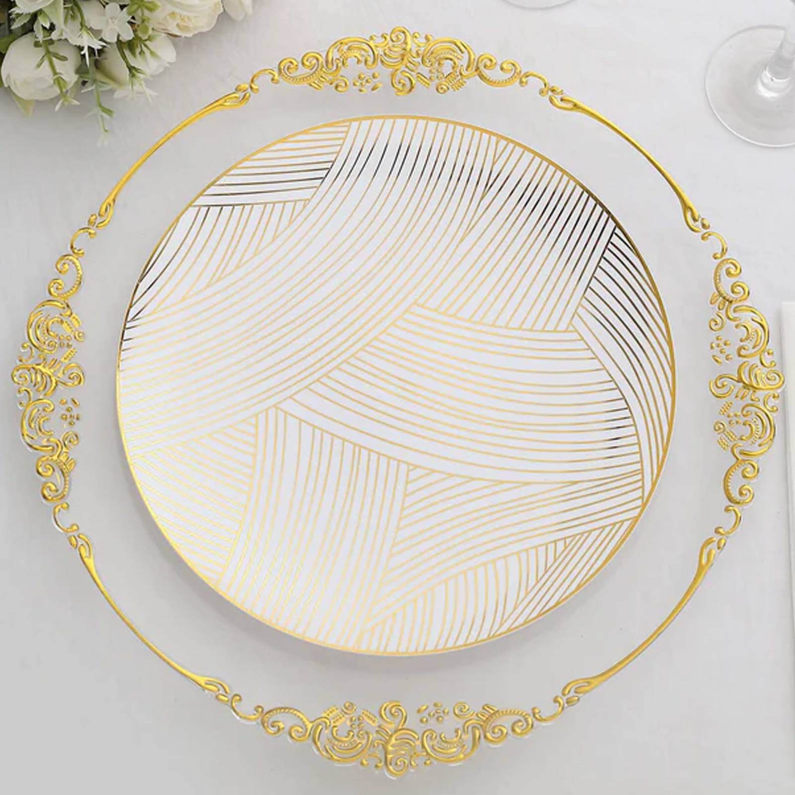 10-Pack Plastic 10 Round Dinner Plates in White with Gold Wave Brush Strokes Pattern - Disposable Party Plates for Modern & Classy Table Decor