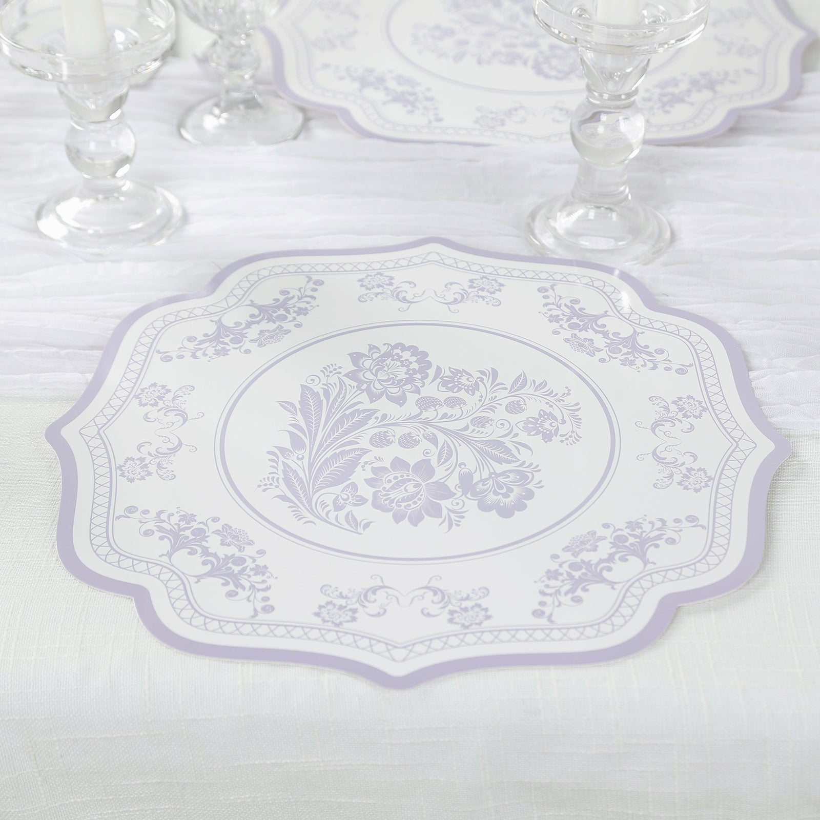 10-Pack Disposable Table Placemats 13 Round Placemats in White with Lavender French Toile Pattern & Scalloped Rim - 400GSM Cardboard Placemats for Stylish Table Setting