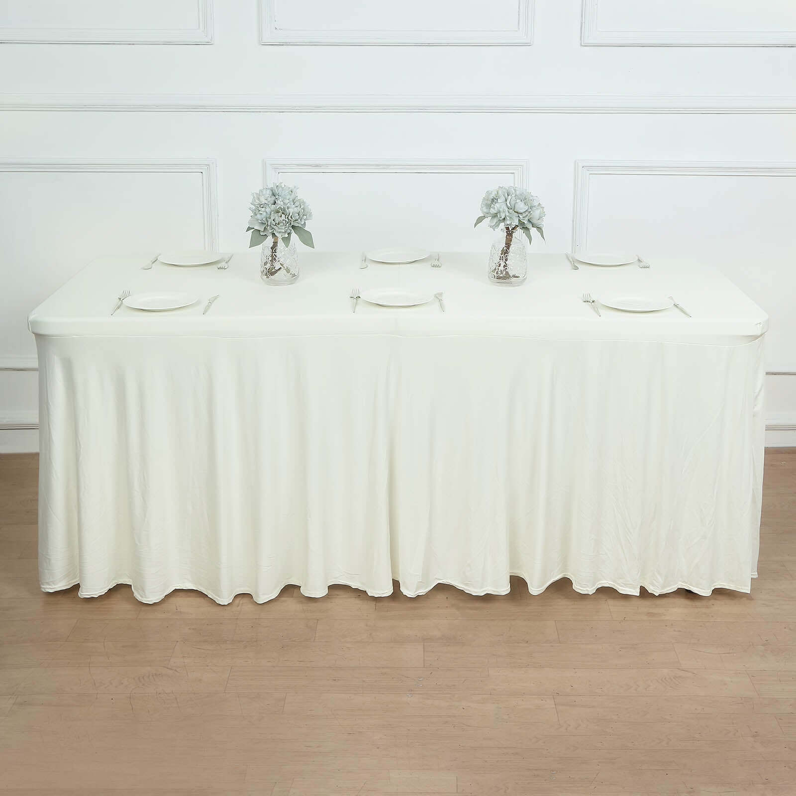 Spandex Rectangle 72x30 Table Skirt Ivory with Wavy Skirt-Like Effect Table Cover