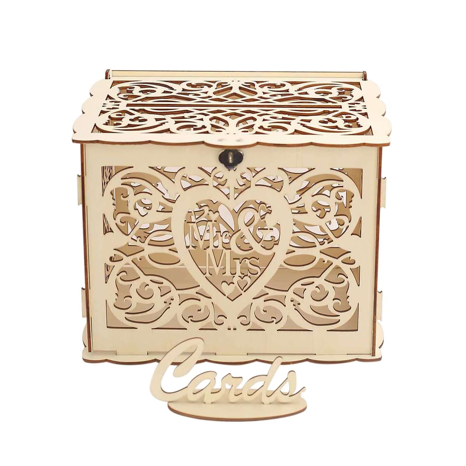 Natural Wooden Laser Cut Mr. & Mrs. Wedding Card Box With Label, Rustic DIY Hollow Money Box And Stand - 12x9