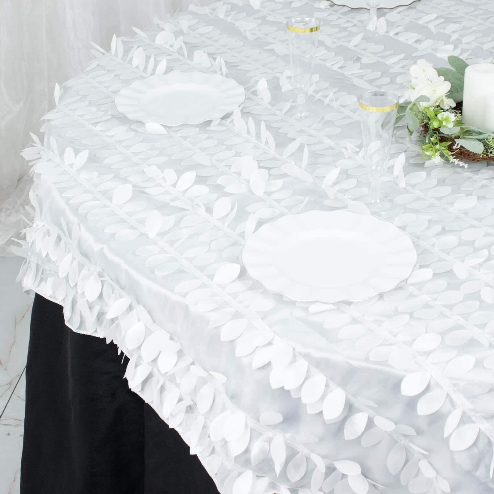 Taffeta 72x72 Table Overlay Square Tablecloth White 3D Leaf Petal Design for Stylish Celebrations