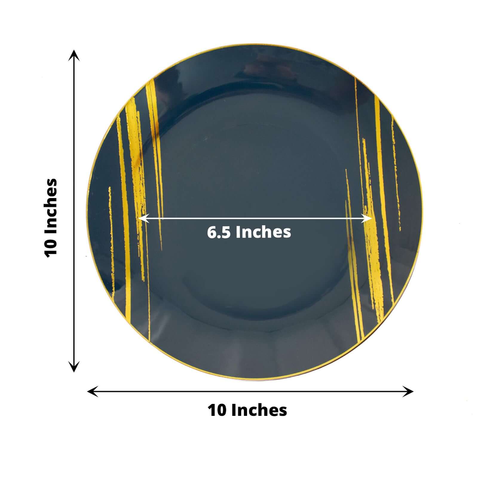 10-Pack Plastic 10 Round Dinner Plates in Navy Blue with Gold Brush Stroked Print - Disposable Party Dinnerware