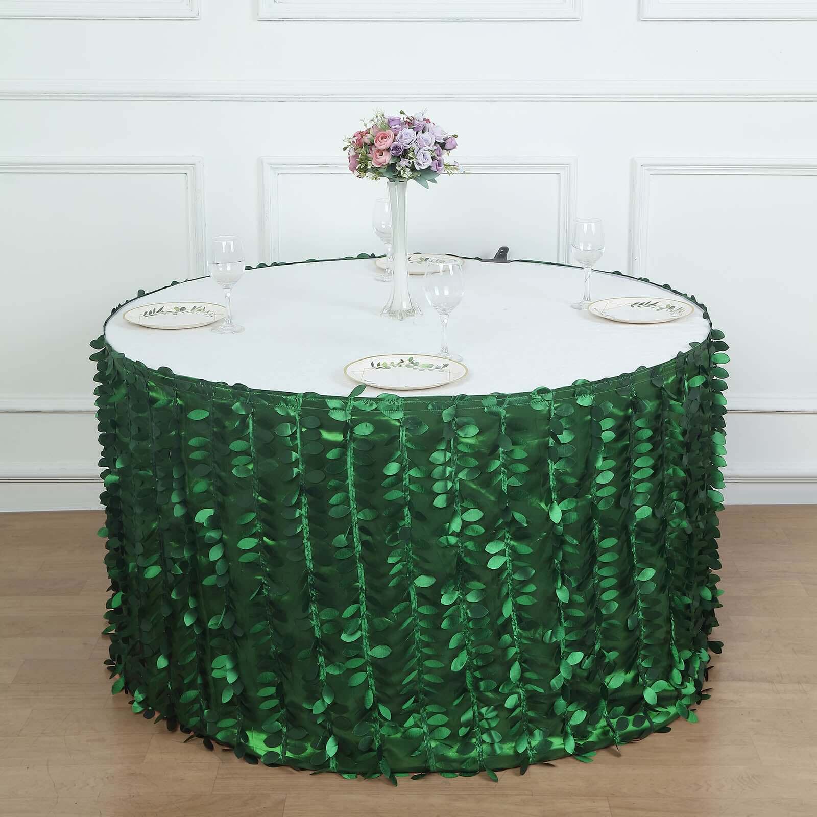 Taffeta Fabric 17ft Table Skirt Green 3D Leaf Petal Design - Exquisite & Stylish Event Table Cover