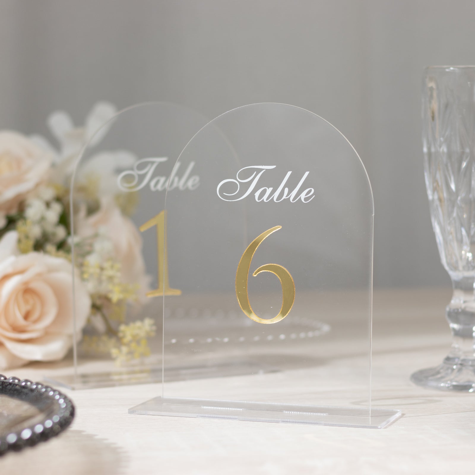 Clear Arch Acrylic Table Numbers (1-10) - 6x7 Wedding Reception Signs with Gold Print & Stands