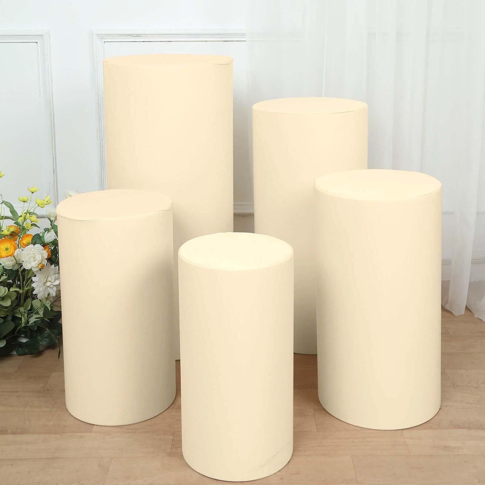 Set of 5 Beige Spandex Cylinder Pedestal Stand Covers, Stretchable Pillar Prop Covers - 160 GSM