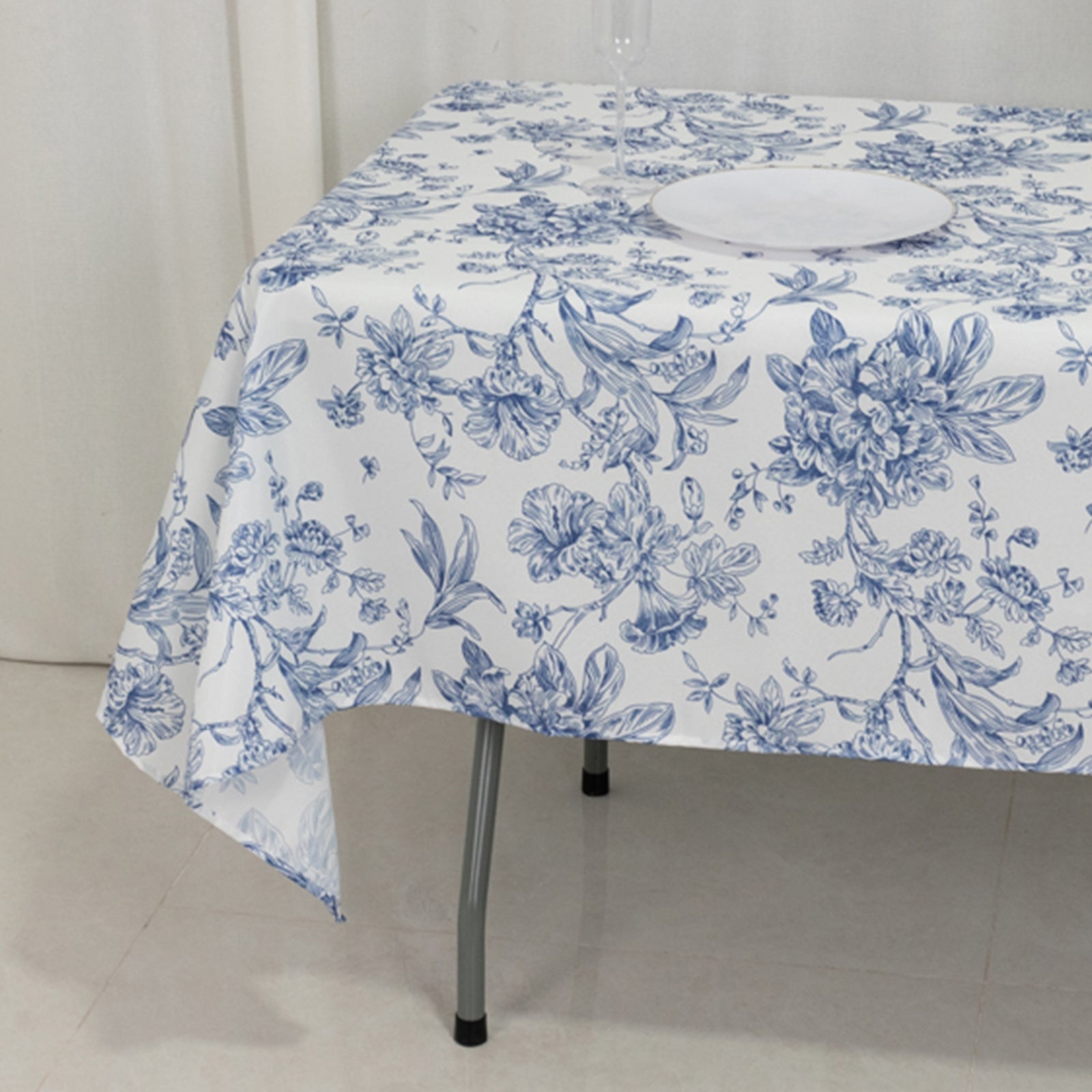 Polyester 60x102 Rectangle Tablecloth White - Blue French Toile Pattern for Elegant Gatherings