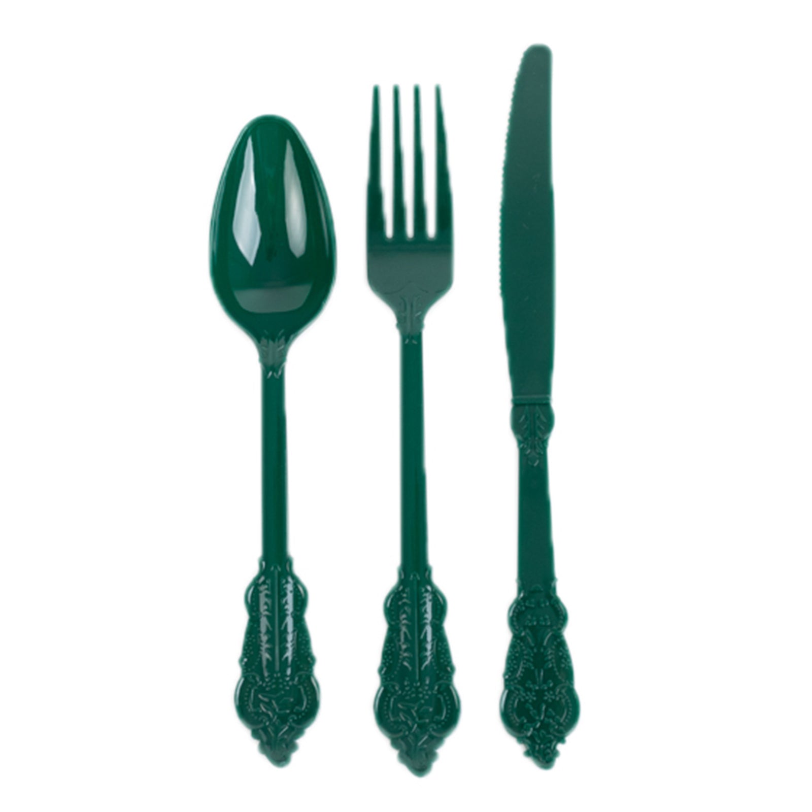 72 Pcs Plastic Silverware Set in Baroque Style Hunter Emerald Green - Heavy Duty Disposable Knife, Fork, and Spoon Set