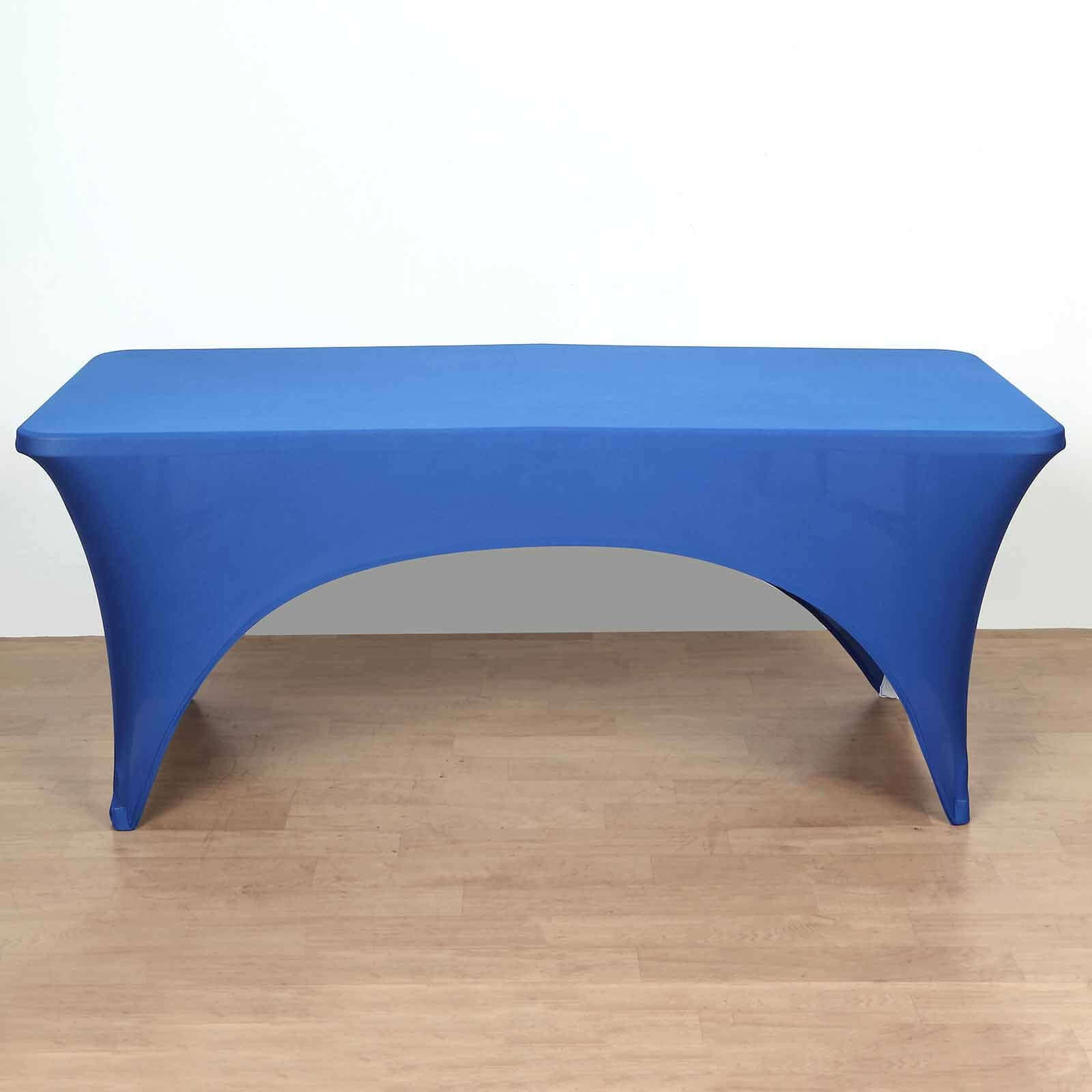 Stretch Spandex 96x30 Rectangle Table Cover Royal Blue with Curved Open Back Design Tailored Professional Look