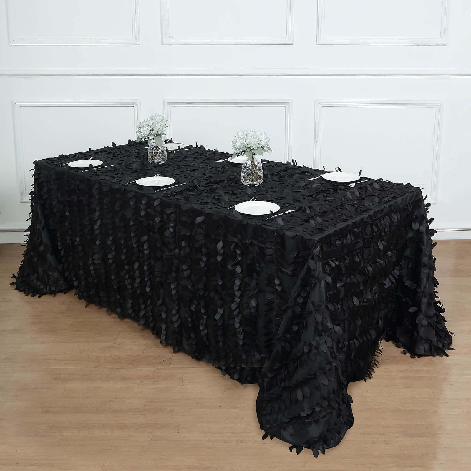 Taffeta 90x156 Rectangle Tablecloth Black | 3D Leaf Petal Design Seamless Table Cover