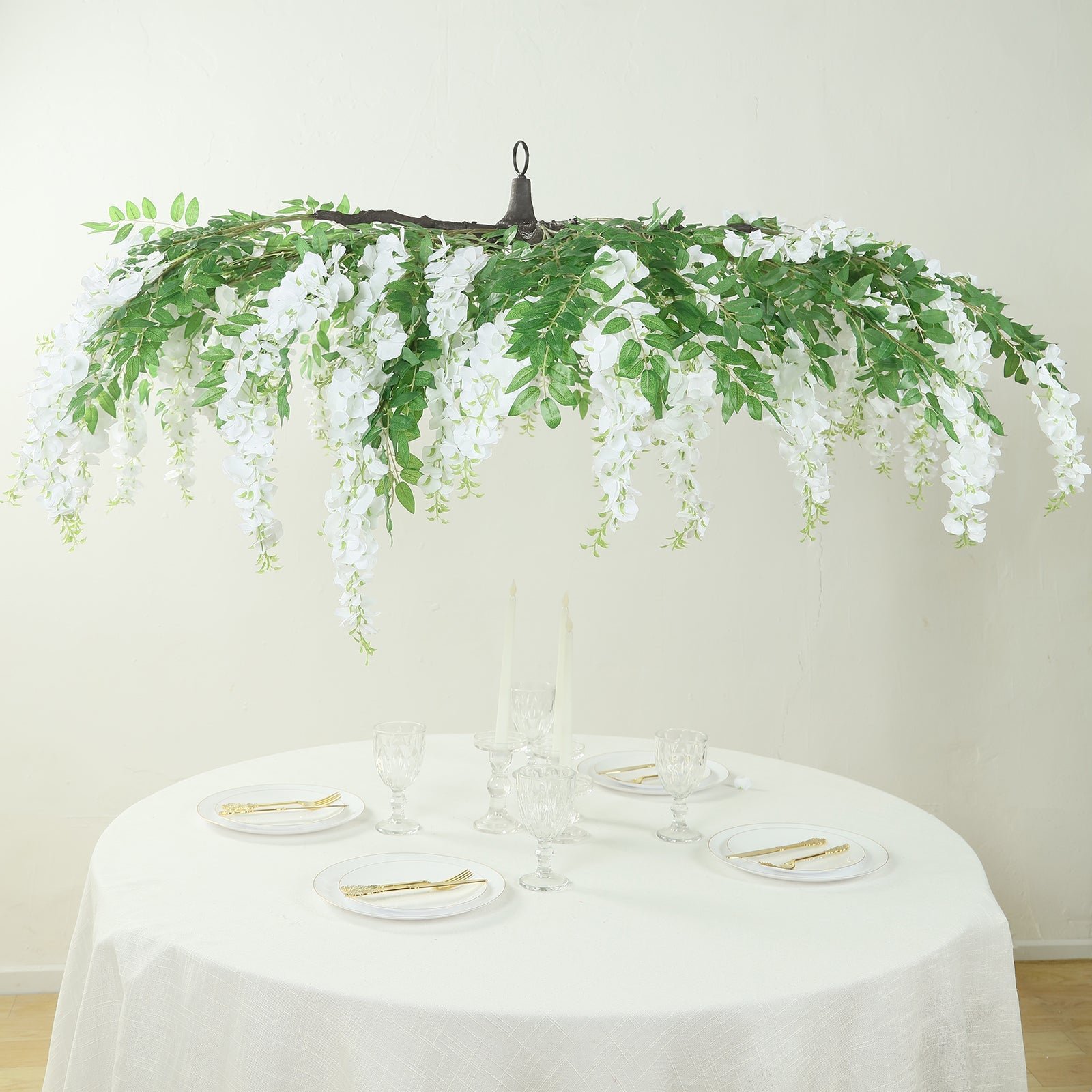 55 White Artificial Silk Wisteria Vine Round Hanging Canopy, Draping Garland Flower Chandelier With Interchangeable Branches