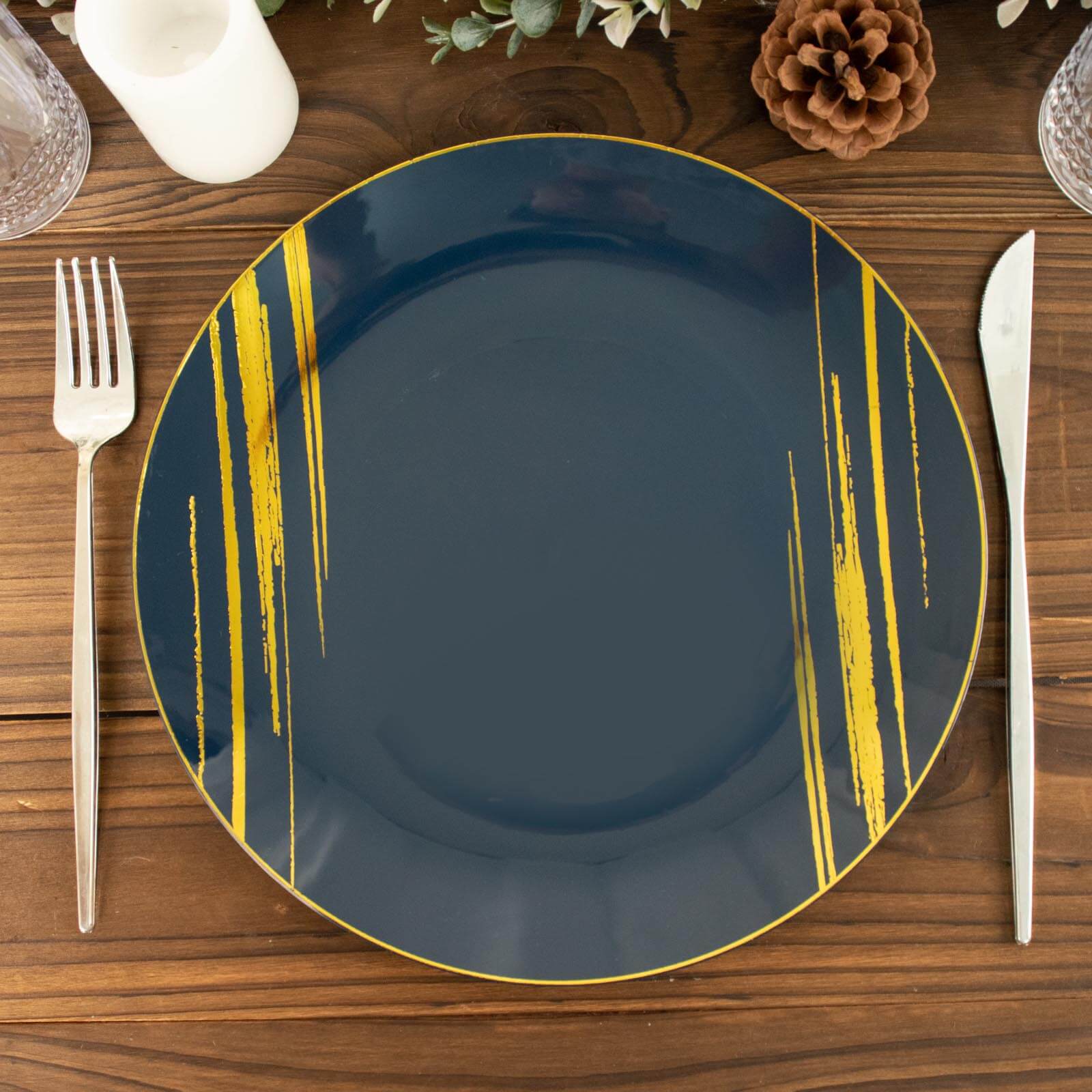 10-Pack Plastic 10 Round Dinner Plates in Navy Blue with Gold Brush Stroked Print - Disposable Party Dinnerware