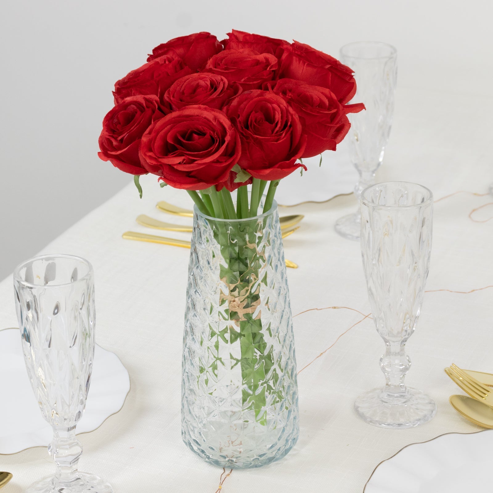 10 Pcs 12 Artificial Silk Roses - Red, Single Stem Rose for Flower Bouquet Arrangements