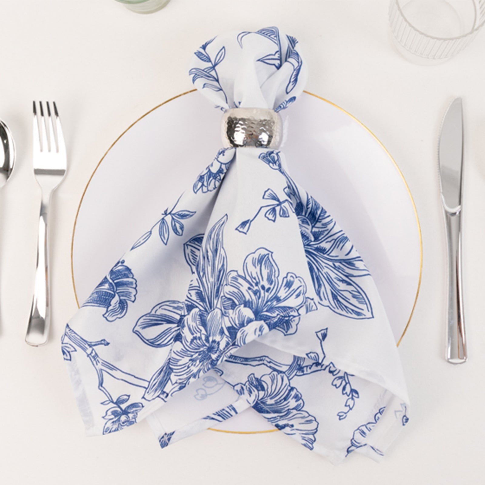 5 Pack Polyester 20x20 Dinner Napkins White with Blue French Toile Pattern - Reusable Floral Cloth Napkins