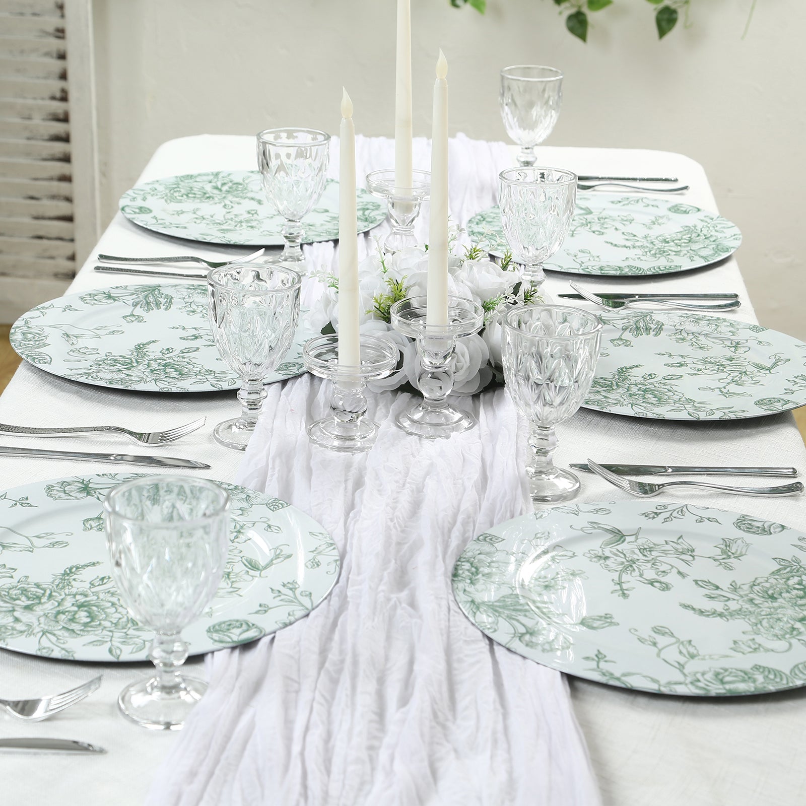 6 Pack Round Floral Acrylic Charger Plates in French Toile Pattern, 13 White Sage Green Dinner Charger Event Tabletop Decor