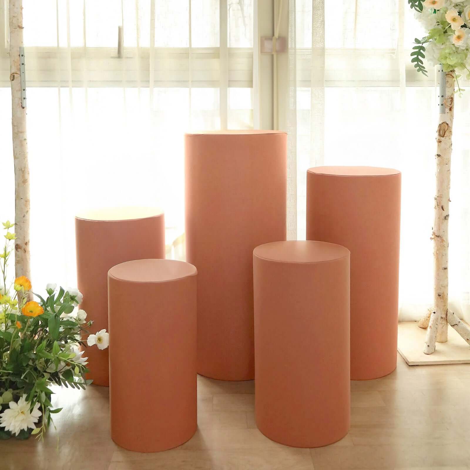 Set of 5 Terracotta (Rust) Spandex Cylinder Pedestal Stand Covers, Stretchable Pillar Prop Covers - 160 GSM