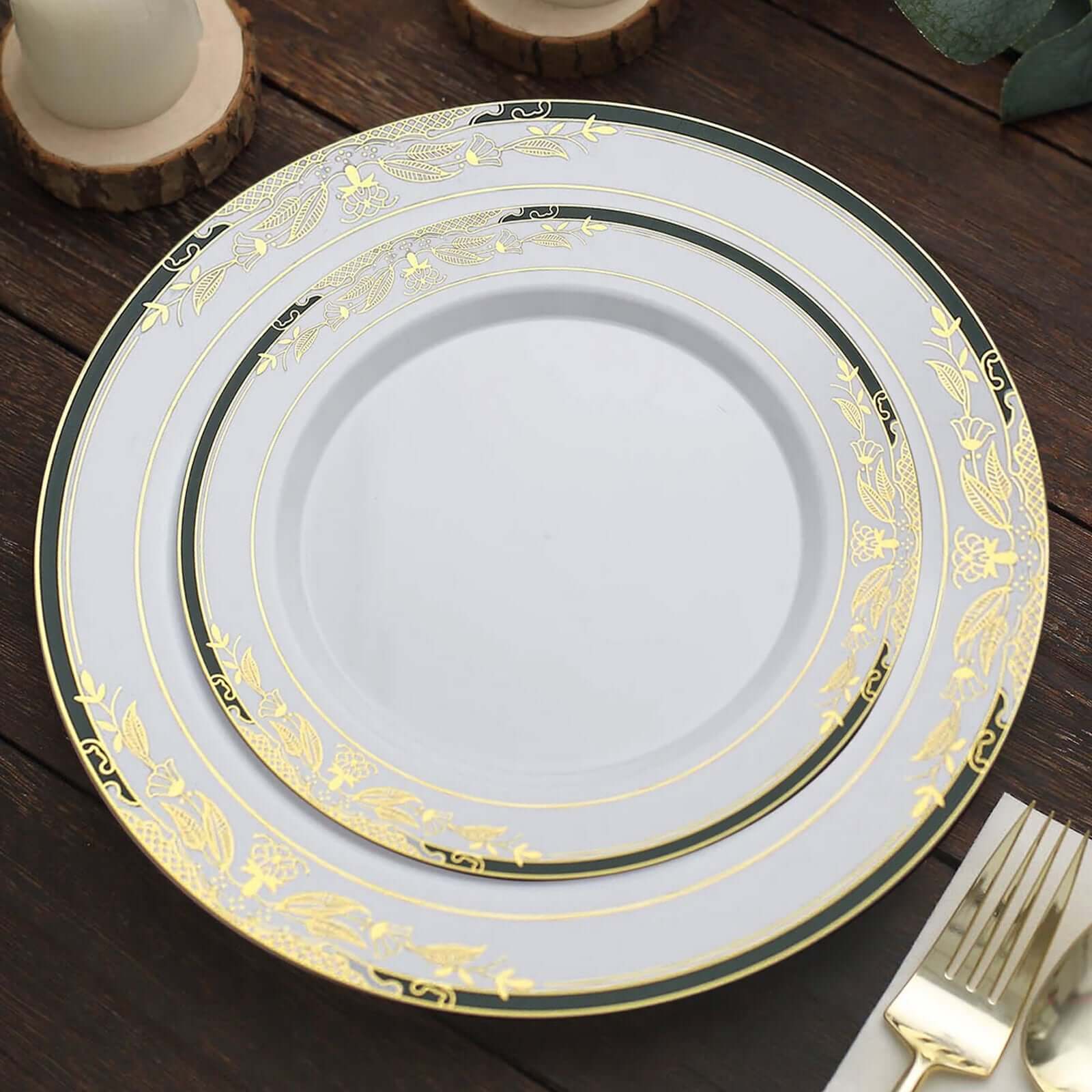 10-Pack Plastic 8 Round Dessert Plates in White with Hunter Emerald Green Rim - Stylish Gold Vine Design Disposable Salad/Appetizer Plates for Special Occasions & Celebrations