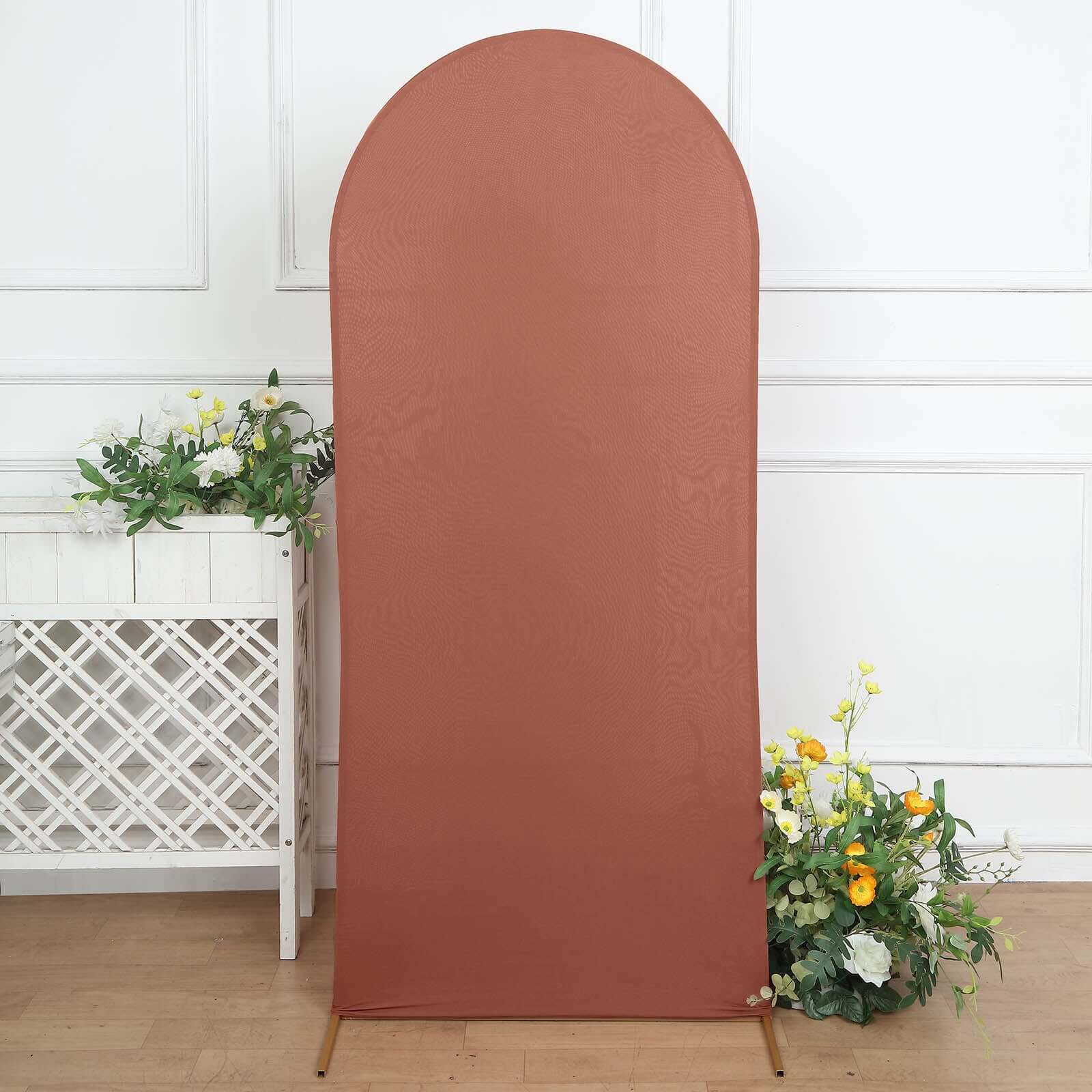 6ft Matte Terracotta (Rust) Spandex Fitted Chiara Backdrop Stand Cover For Round Top Wedding Arch