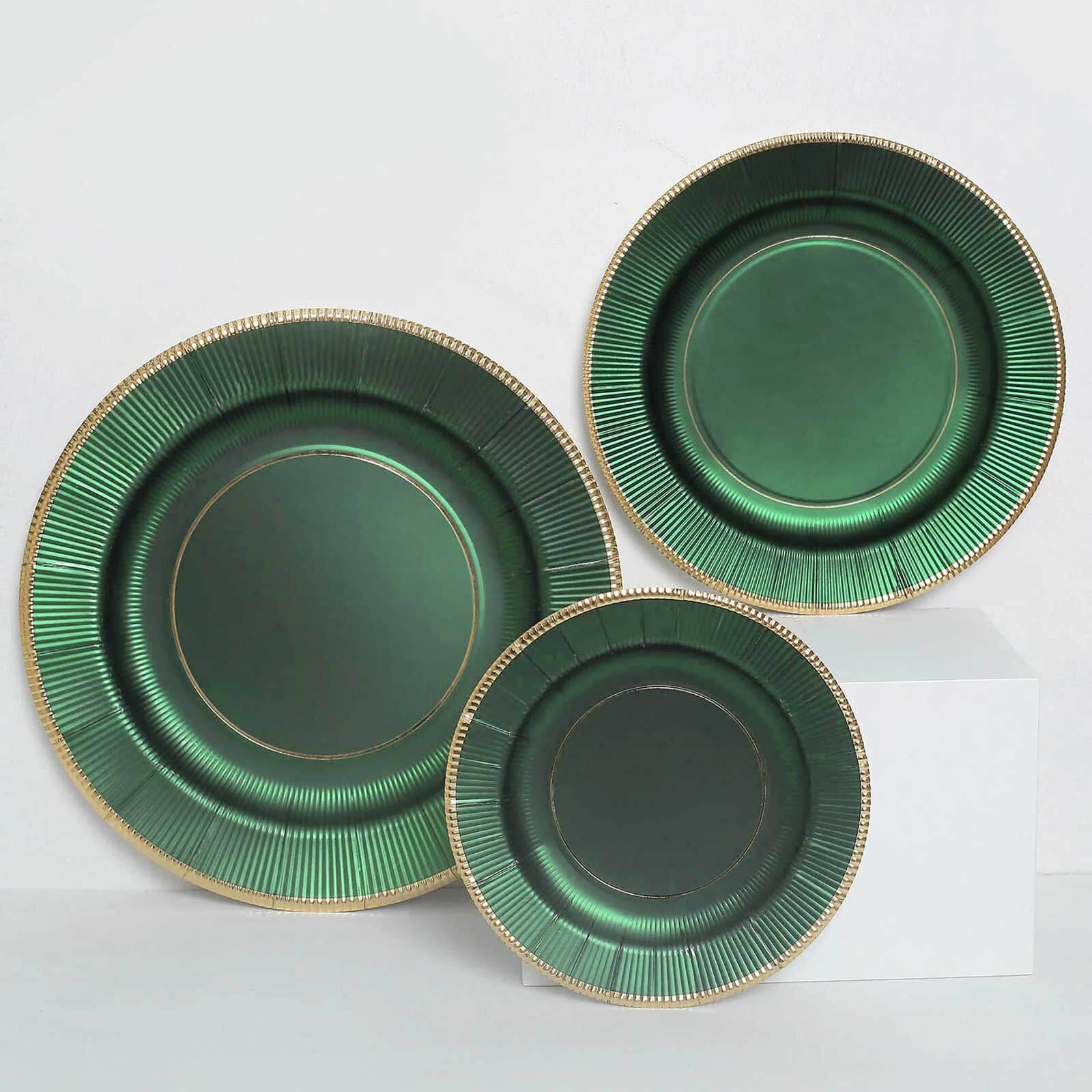 25-Pack Paper 8 Round Dessert Plates in Hunter Emerald Green Sunray Design with Gold Rim - Disposable Heavy Duty 350GSM Appetizer Salad Plates