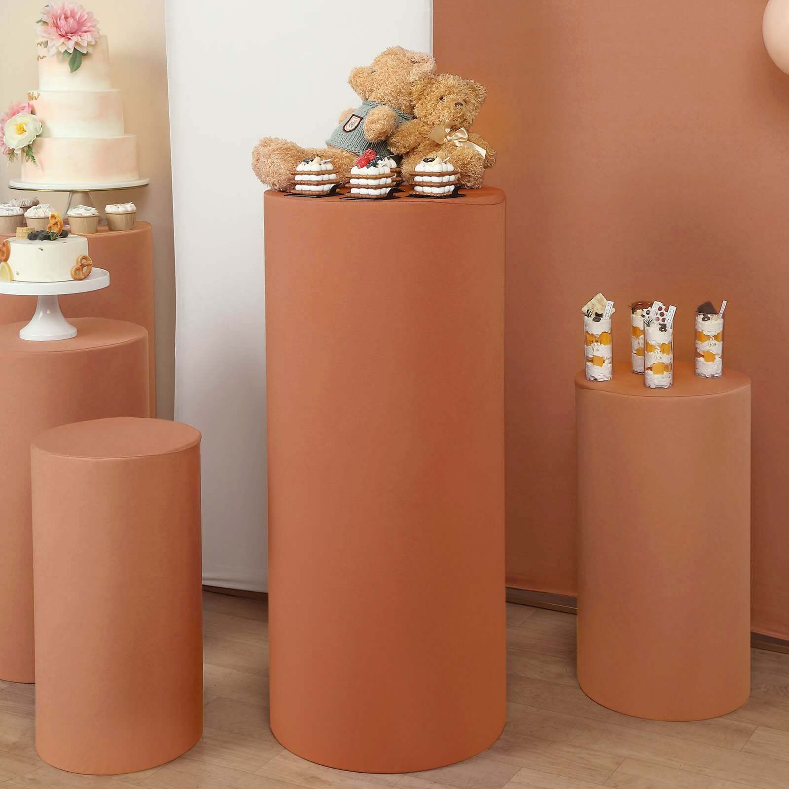 Set of 5 Terracotta (Rust) Spandex Cylinder Pedestal Stand Covers, Stretchable Pillar Prop Covers - 160 GSM