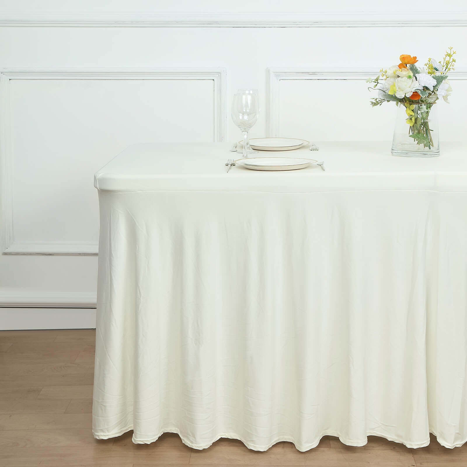 Spandex Rectangle 72x30 Table Skirt Ivory with Wavy Skirt-Like Effect Table Cover