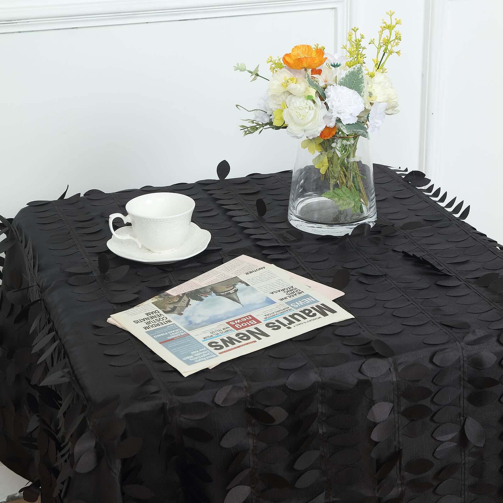Taffeta 54x54 Square Tablecloth Black 3D Leaf Petal Table Cover