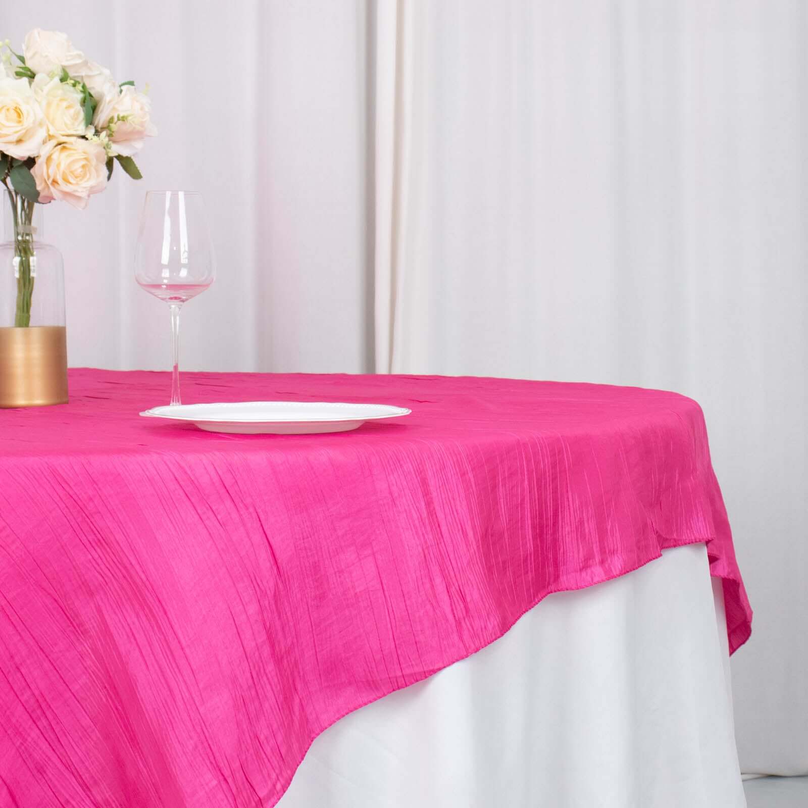 Taffeta 72x72 Table Overlay Square Tablecloth Fuchsia - Accordion Crinkle Table Cover