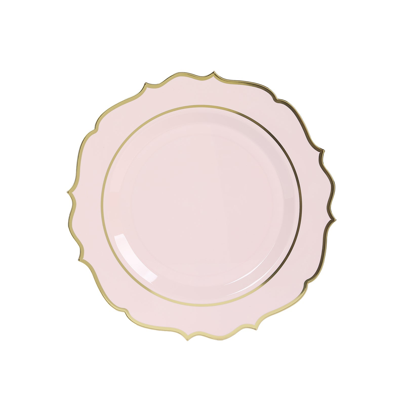 10-Pack Economy Plastic Round Charger Plates 13 in Blush with Gold Scalloped Rim, Decorative Dinner Party Serving Plates